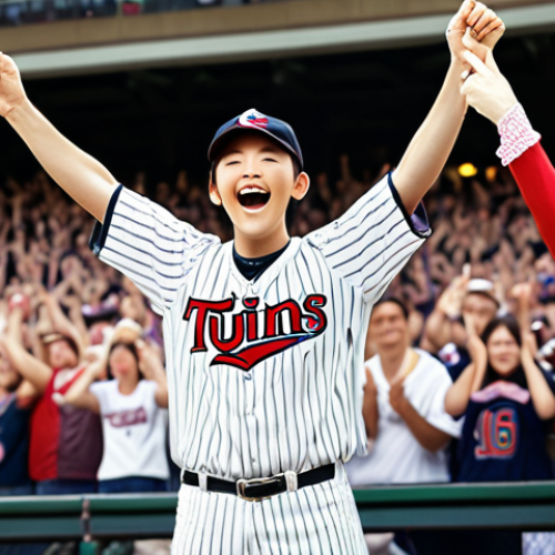 Home 4 A baseball fan wearing an LG Twins jersey, cheering enthusiastically at a stadium, holding a banner with "Victory Fairy" written on it. The image should convey excitement and team spirit.