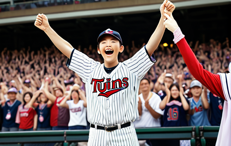A baseball fan wearing an LG Twins jersey, cheering enthusiastically at a stadium, holding a banner with "Victory Fairy" written on it. The image should convey excitement and team spirit.