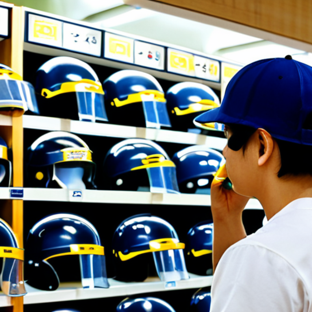 야구 헬멧 사이즈 측정**
"A person carefully measuring their head circumference with a soft measuring tape, preparing to select a properly sized baseball helmet. Focus on the measurement process and the intent to find a safe fit. Background: a sporting goods store display with various helmets. Safe for work, appropriate content, fully clothed, professional, perfect anatomy, natural proportions."
**