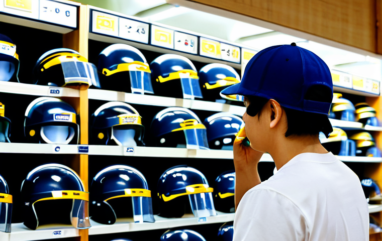 야구 헬멧 사이즈 측정**
"A person carefully measuring their head circumference with a soft measuring tape, preparing to select a properly sized baseball helmet. Focus on the measurement process and the intent to find a safe fit. Background: a sporting goods store display with various helmets. Safe for work, appropriate content, fully clothed, professional, perfect anatomy, natural proportions."
**