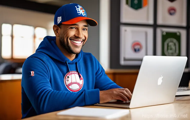 야구 팬을 위한 선물 추천 - A warm and cozy image of a 30-40s male baseball fan, with a gentle smile, sitting comfortably at his...
