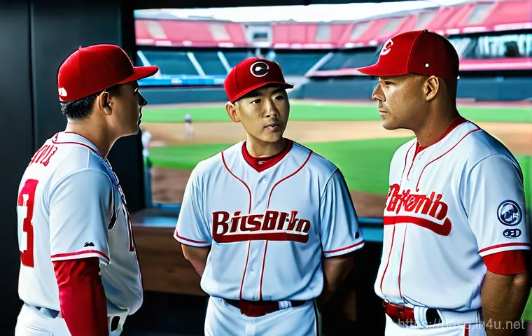 야구 코칭 가이드 - A professional KBO baseball coaching staff, consisting of a head coach and several assistant coaches...