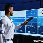 야구 훈련 효과 측정법 - A high-tech baseball training facility. A male baseball player, wearing a clean, modern baseball uni...