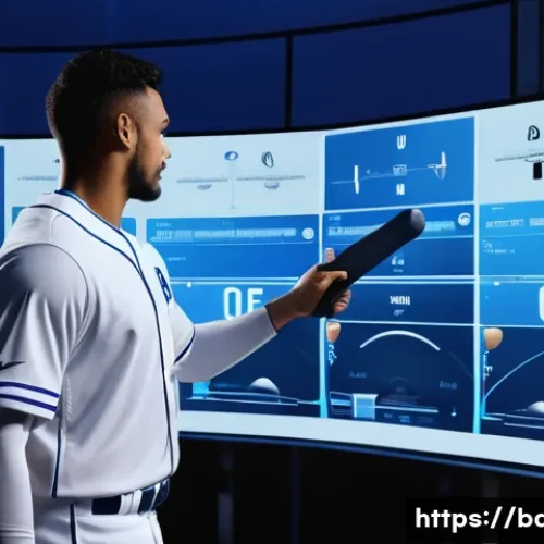 Home 28 야구 훈련 효과 측정법 - A high-tech baseball training facility. A male baseball player, wearing a clean, modern baseball uni...